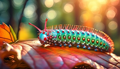 Wall Mural - A macro shot of a colorful caterpillar on a leaf, with a dreamily blurred forest 