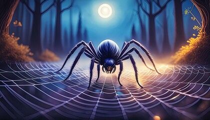 A shadowy spider weaving an ethereal web under the moonlight, with a blurred background 