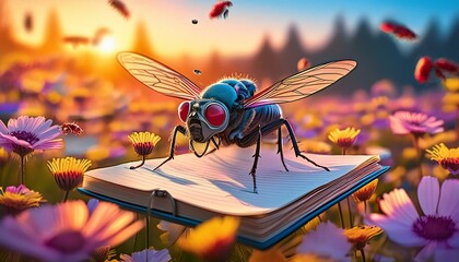 Wall Mural - An anamorphic fly with a camera and notepad, capturing events at a flower festival