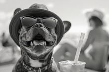 French Bulldog Enjoying A Sunny Day With A Drink And Sunglasses By The Ocean Black White Vintage Image..