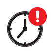 Clock time with exclamation mark. Expire icon. Delay symbol. Deadline icon.