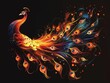 A colorful bird with feathers on a black background. A magical creature made of fire.