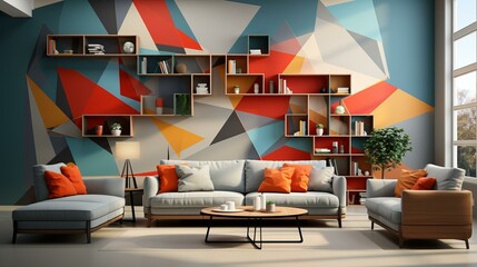 Sticker - Modern living room interior with colorful geometric wall mural