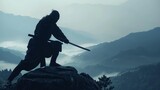 Stealthy ninja warrior holding blade in front of awe-inspiring mountain landscape