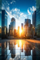 Poster - Hong Kong city skyline at sunset with reflection on the ground