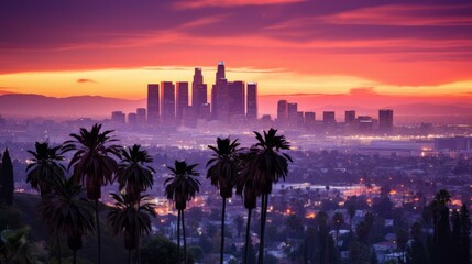 Canvas Print - Palm Trees and Sunset Overlooking Los Angeles
