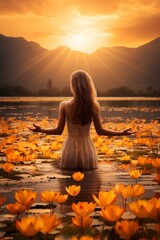 Canvas Print - girl standing in a lake with yellow flowers and mountains in the background