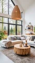 Wall Mural - Bright living room with large windows and comfortable sofa