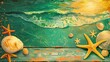 Vibrant Ocean Waves and Starfish on a Textured, Painted Wooden Surface.