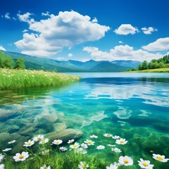 Wall Mural - Tranquil mountain lake and flowers