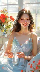 Wall Mural - An illustration of a beautiful Asian woman in a white dress sitting on a bed and smiling