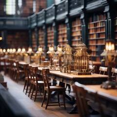 Wall Mural - ornate vintage library interior with wooden tables and chairs and glowing lanterns