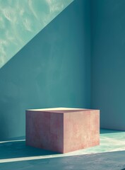 Canvas Print - Pink concrete cube podium on blue background