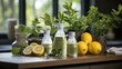 Refreshing lemon-scented cleaning products on a wooden table