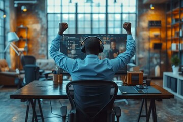 black man celebrates in front of computer