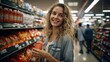 Portrait of a happy young woman with curly hair grocery shopping in a supermarket
