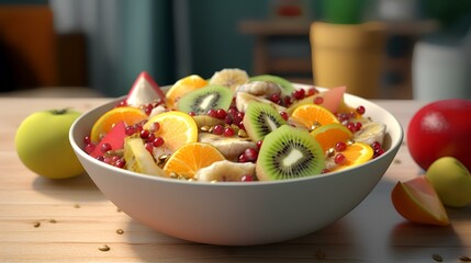 Wall Mural - Bowl of tasty oatmeal with fruits on the table, closeup