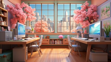 Wall Mural - Two computers in a room with pink cherry blossom trees and a view of the city