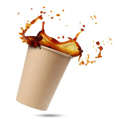 Sticker - Aromatic coffee in takeaway paper cup in air on white background