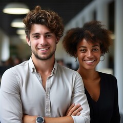 Portrait of two smiling business professionals, a man and a woman, standing in an office environment