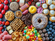 a variety of donuts and candy that cause diabetes