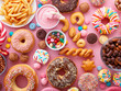 a variety of donuts and candy are on a pink table that cause diabetes