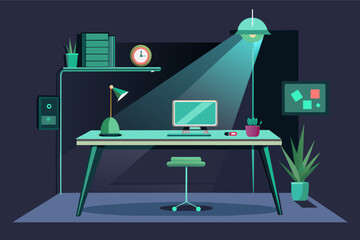 Poster - minimalist desk with a built-in, holographic workspace projection.