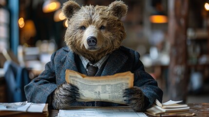 Canvas Print - A bear in a suit and tie reading the newspaper, AI