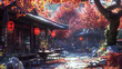 A beautiful and cozy japanese village city town in the morning wallpaper. buddhist temple shinto shrine. anime comics artstyle. cozy lofi asian architecture. 16:9 4k resolution. Generative AI