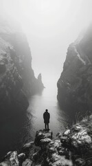 Canvas Print - Man standing on a rock in a narrow fjord surrounded by high cliffs