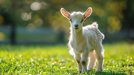 Wall Mural -   Small goat in green field with blurred tree and grass backdrop