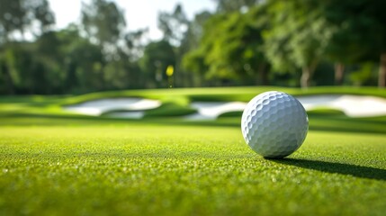 Close-up of a golf ball on a putting green with the pin and green in the background