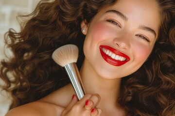 Beautiful smiling woman with red lipstick and makeup brush