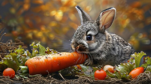   A rabbit eats a carrot amidst carrots and lettuce against an autumn foliage backdrop