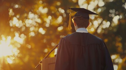 Wall Mural - Young student delivering a speech at graduation ceremony, sunlit backdrop.