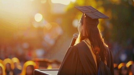 Wall Mural - Young student delivering a speech at graduation ceremony, sunlit backdrop.