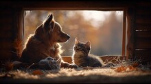 Dog And Cat On Sunlit Ground In Front Of Window