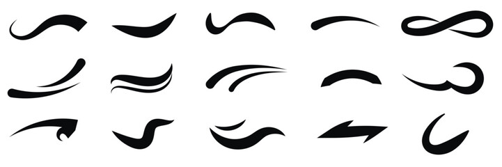 Hand drawn swoosh elements set , and swoop underline typography tails shape. Vector Illustration.