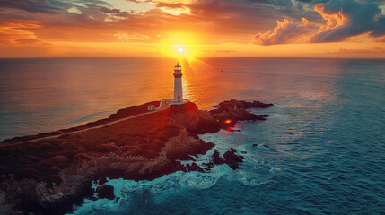 aerial view of lighthouse at sunset