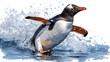   A penguin painting in water with splashes on its back legs and feet