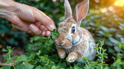   Close-up of a person petting a small rabbit among green plants with sunlight in the background