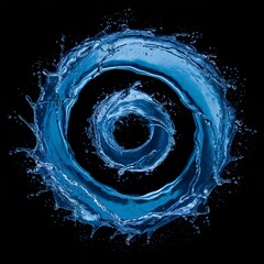 Wall Mural - A stunning high-quality photo of a blue water swirl splash, against a black background. The swirl has a spiraling motion, with droplets of water gleaming in the light. The water's rich blue hue contra