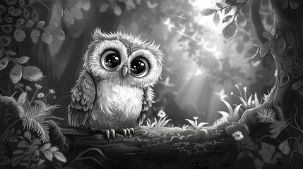 Canvas Print -   An image of a monochromatic owl perched on a tree branch surrounded by foliage