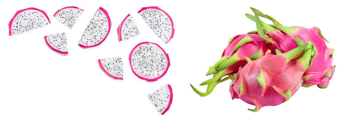 Wall Mural - piece of Dragon fruit, Pitaya or Pitahaya isolated on white background with copy space for your text. Top view. Flat lay