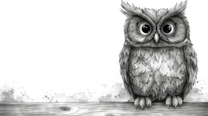 Poster -  An owl perched on a branch with wide-open eyes in black and white