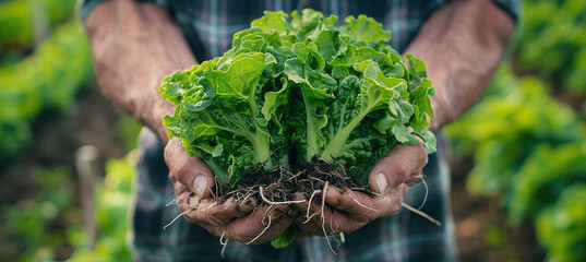 Wall Mural - Close-up view of farmer holding and collecting green lettuce leaves with roots