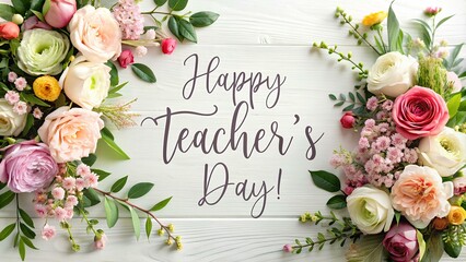 Poster - a bouquet of pink flowers with the words happy teachers day on a wooden background