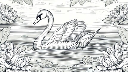 Canvas Print -   Black-and-white image of a swan gliding through a pond adorned with water lilies and blossoms