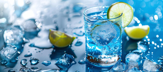 A refreshing drink or cocktail with ice, garnished with a slice of lime.