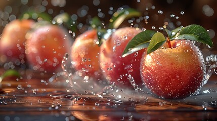   A tight shot of apples in a cluster on a table, water droplets cascading from their surfaces